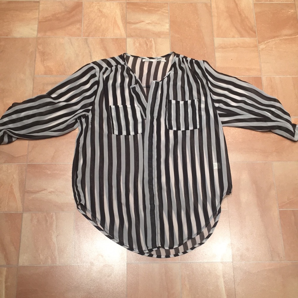 Poetry Women's Black & White Striped Sheer Deep V Cut Long Sleeve Blouse Shirt